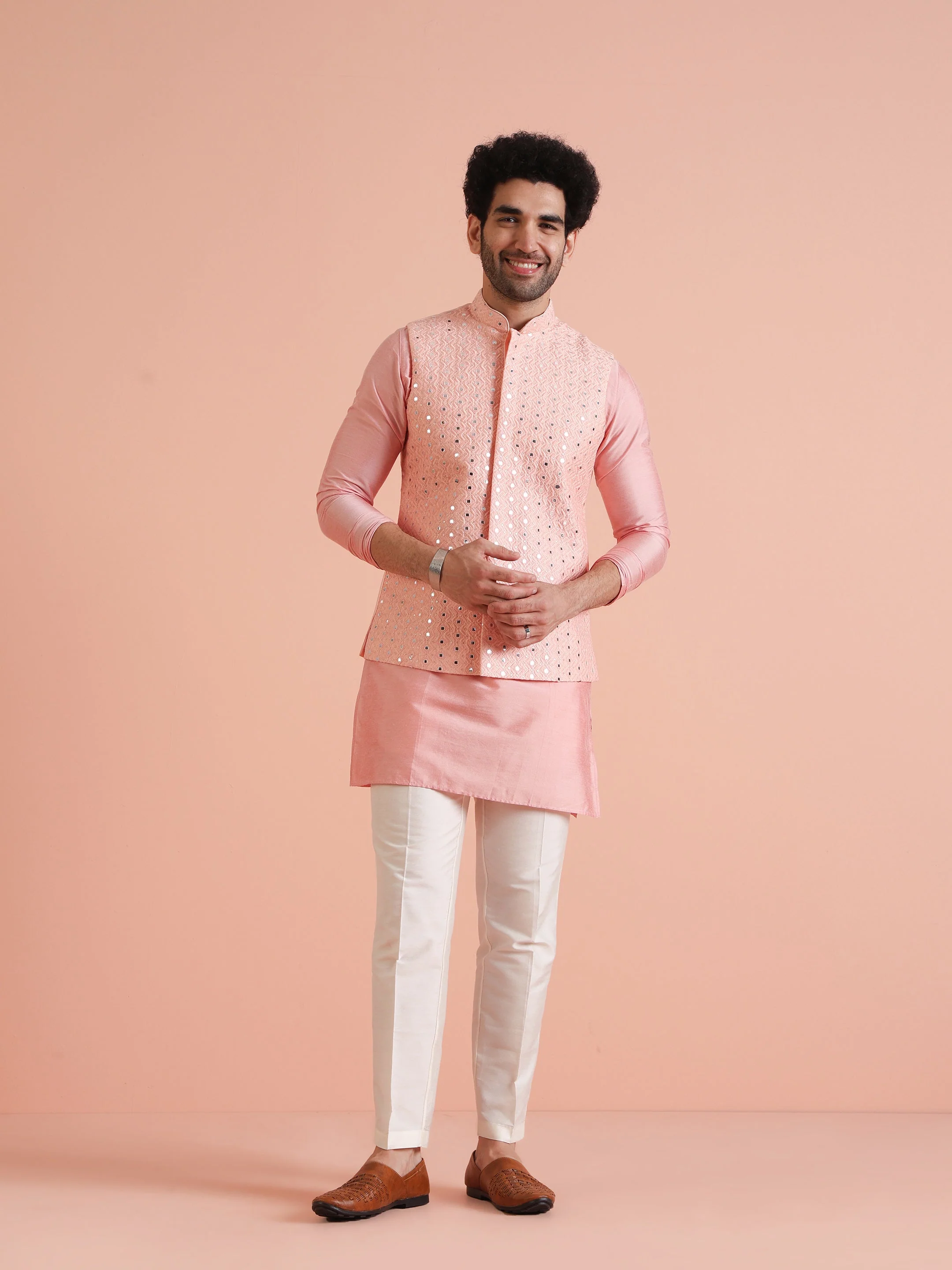 Pink Mirror Work Embroidered Nehru Jacket with Kurta Trouser - Image 9