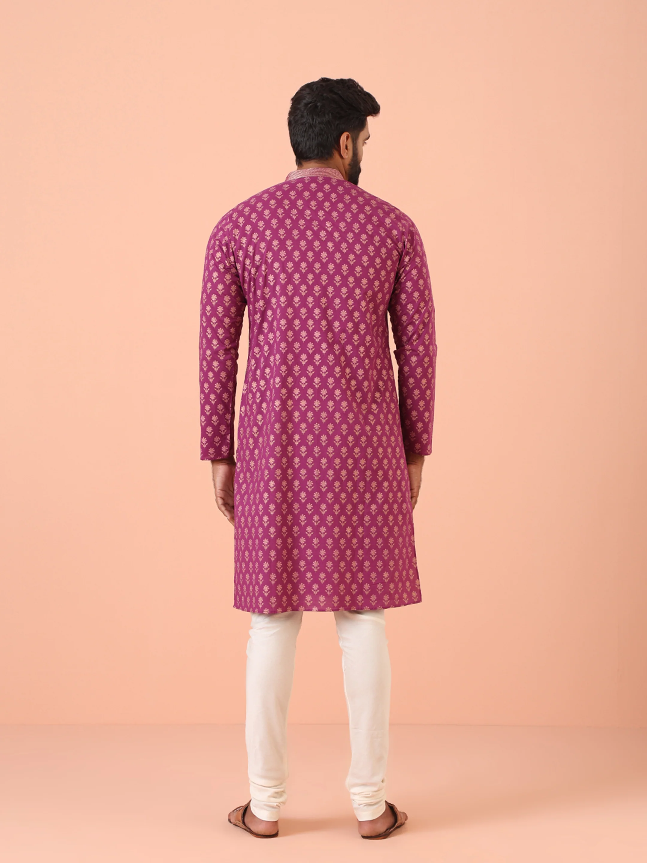 Magenta Kurta with Golden Motif Print and Contrast Placket - Image 4
