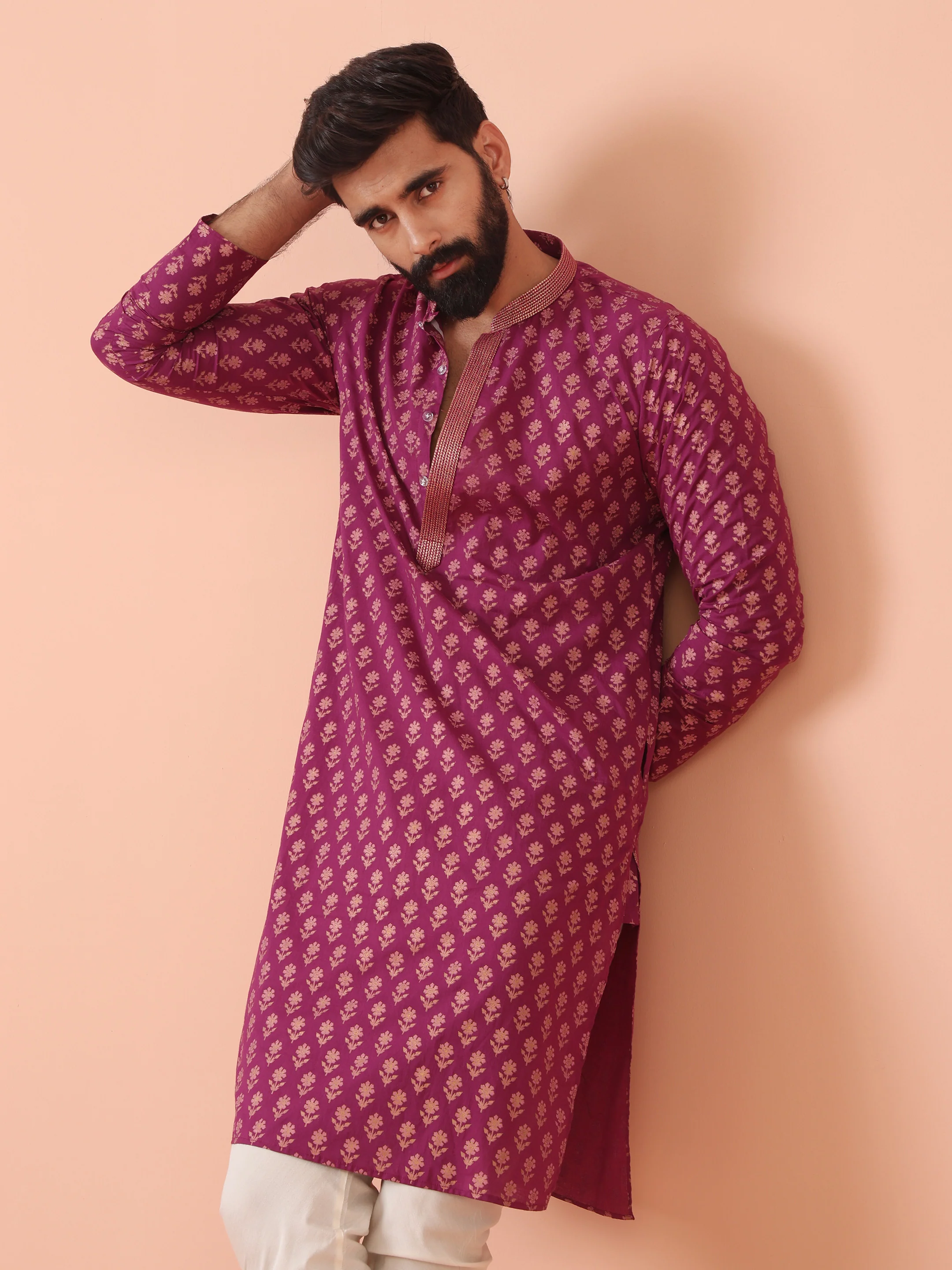 Magenta Kurta with Golden Motif Print and Contrast Placket - Image 7