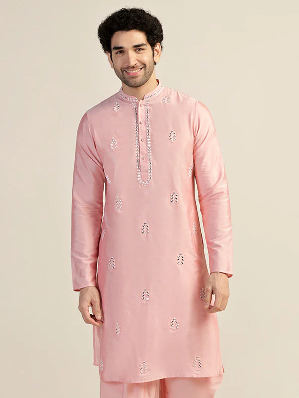 Baby Pink Silk Blend Mirror Work Kurta - Image 2
