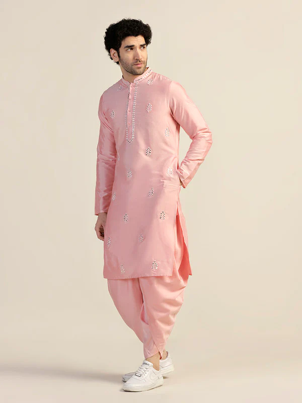 Baby Pink Silk Blend Mirror Work Kurta - Image 4
