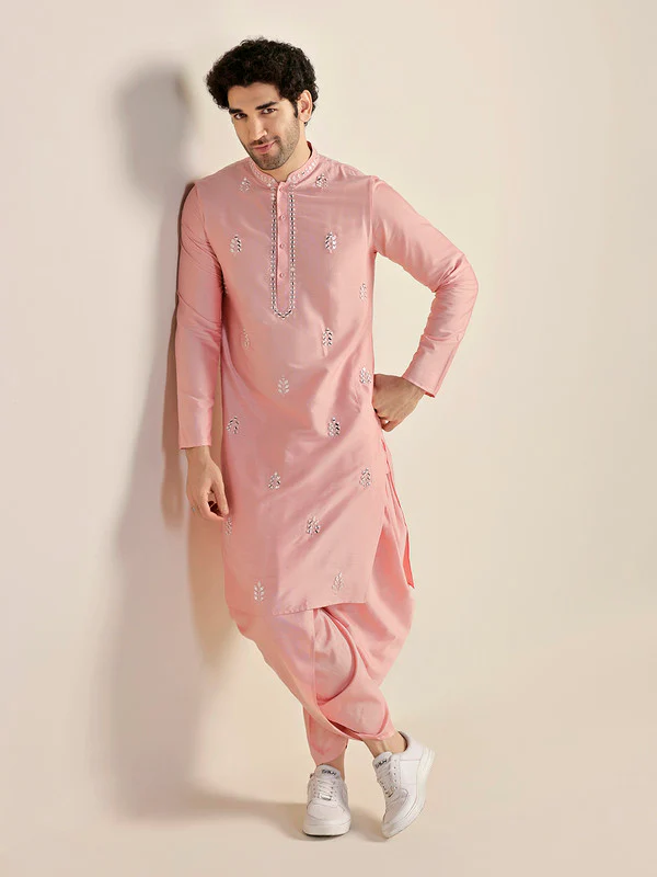 Baby Pink Silk Blend Mirror Work Kurta - Image 7