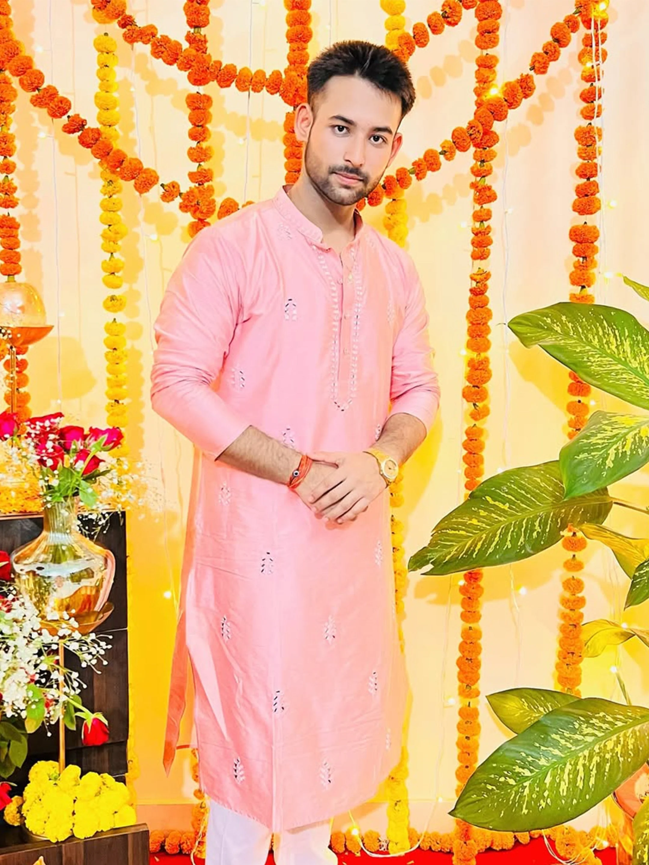 Baby Pink Silk Blend Mirror Work Kurta - Image 8