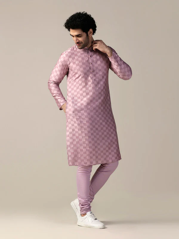 Men Pink Kurta Churidar Set - Image 2