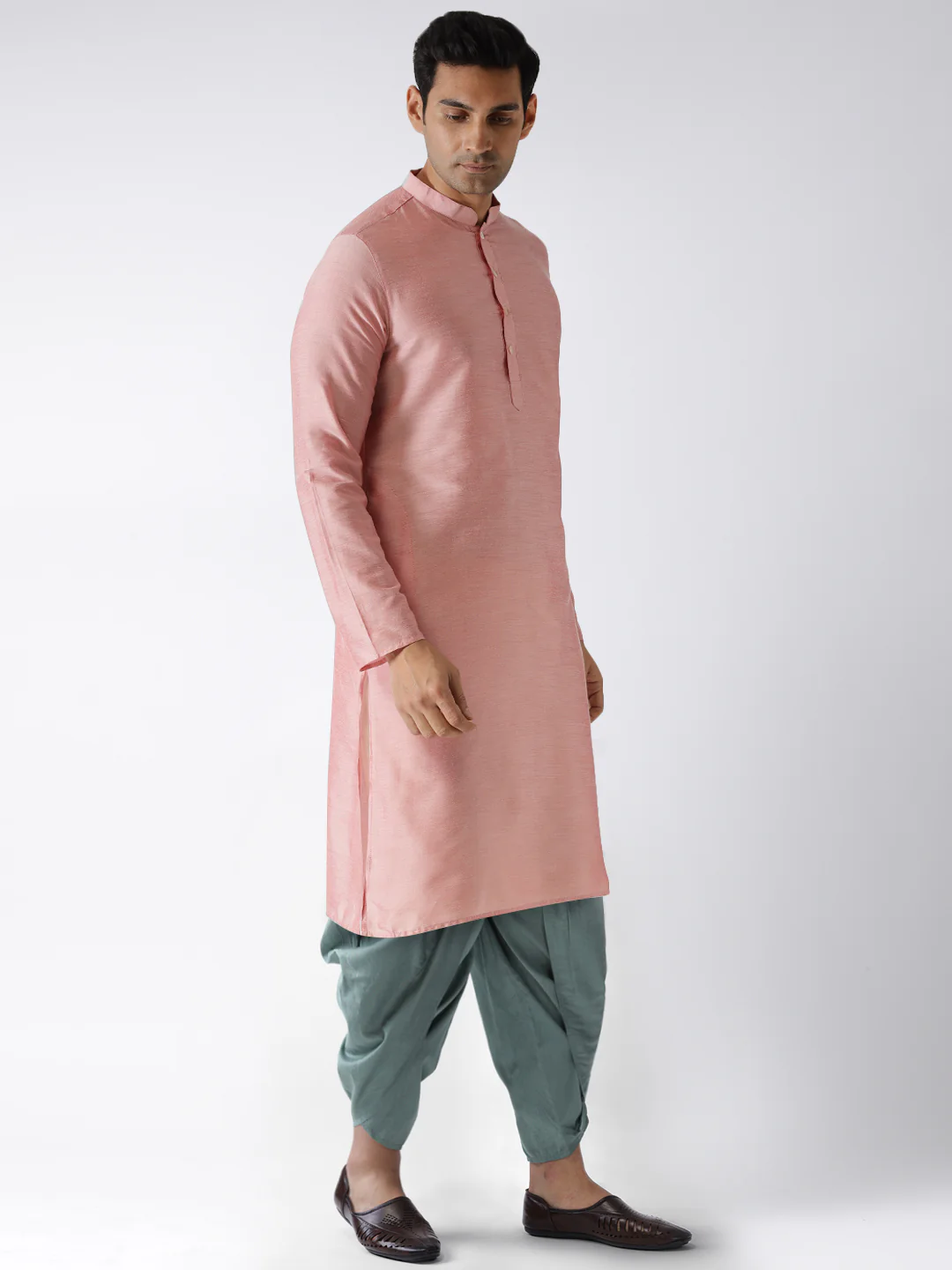 Pink Silk Blend Kurta with Green Dhoti - Image 2