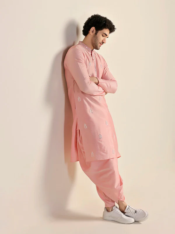 Men Pink Kurta Dhoti Set - Image 2