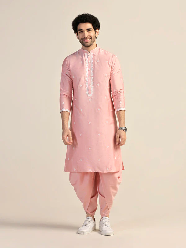 Pink Cotton Silk Embroidered Kurta Dhoti Set