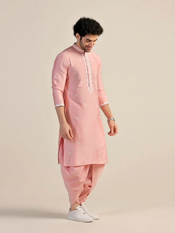 Pink Cotton Silk Embroidered Kurta Dhoti Set - Image 2