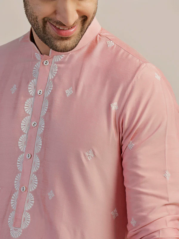 Pink Cotton Silk Embroidered Kurta Dhoti Set - Image 5