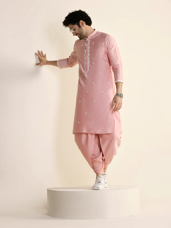 Pink Cotton Silk Embroidered Kurta Dhoti Set - Image 6