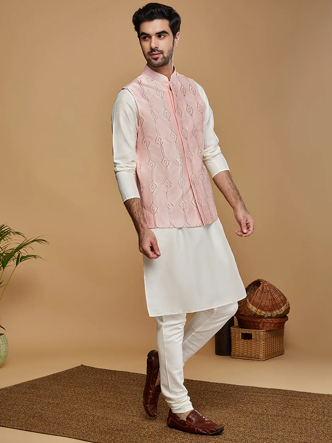 Pink Woven Nehru Jacket Kurta Churidar - Image 2