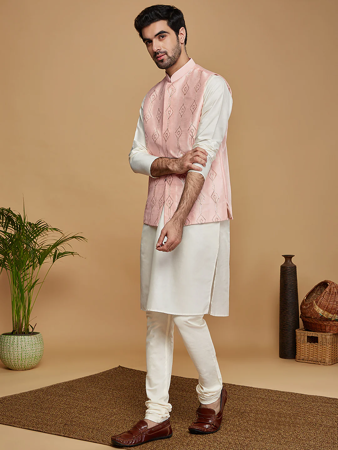 Pink Woven Nehru Jacket Kurta Churidar - Image 3