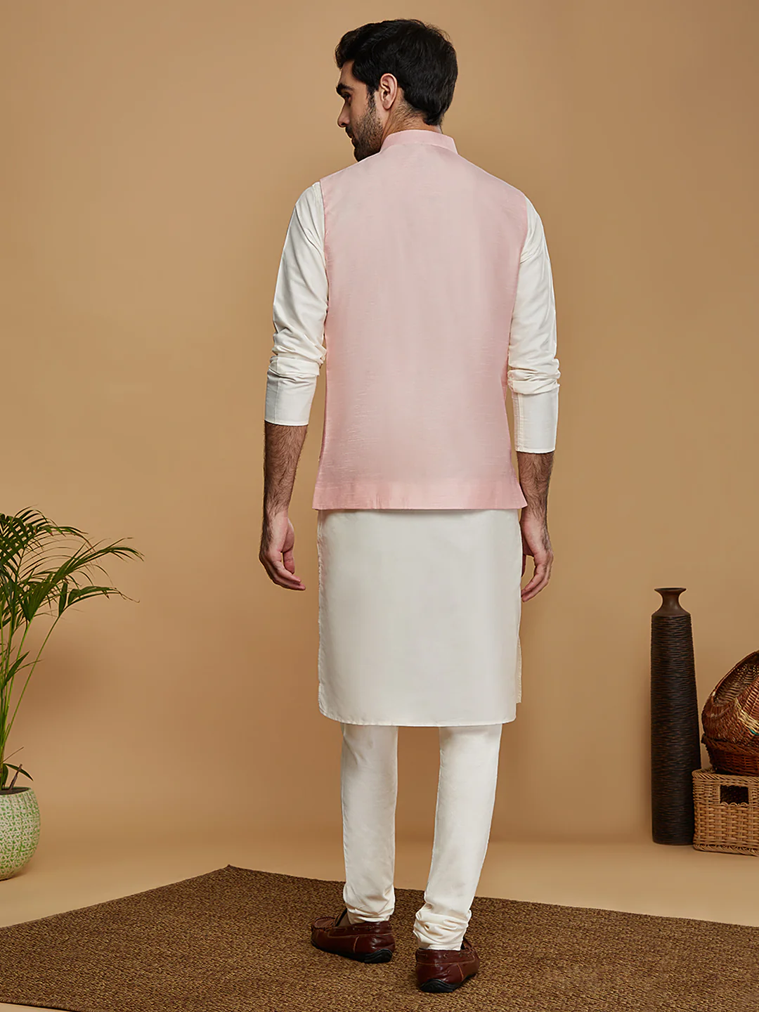 Pink Woven Nehru Jacket Kurta Churidar - Image 4