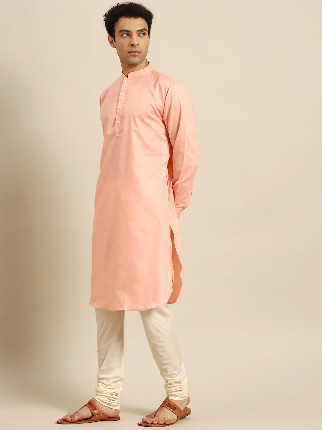 Men Pink Kurta Jacket Churidar Set - Image 3