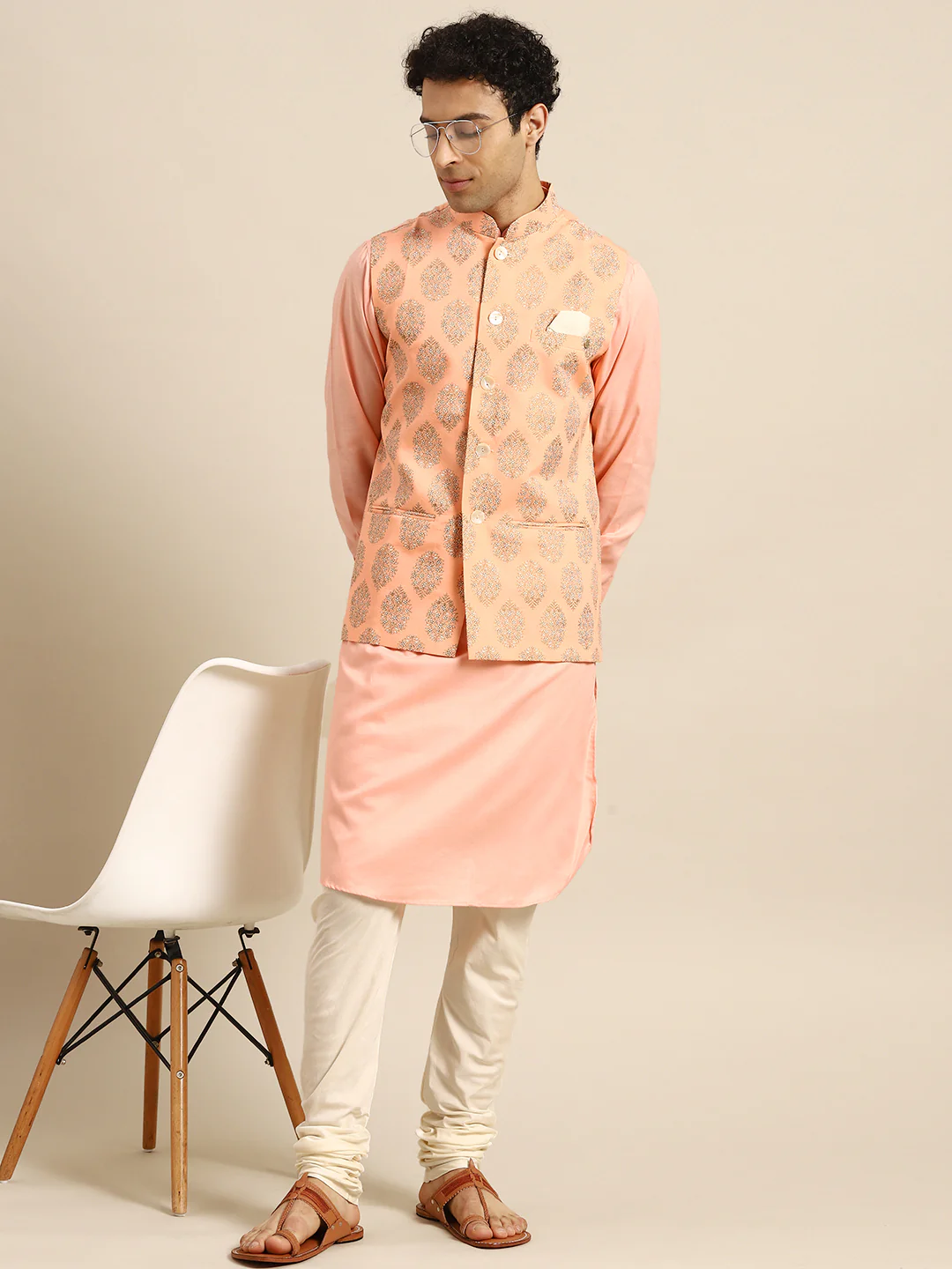 Men Pink Kurta Jacket Churidar Set - Image 7