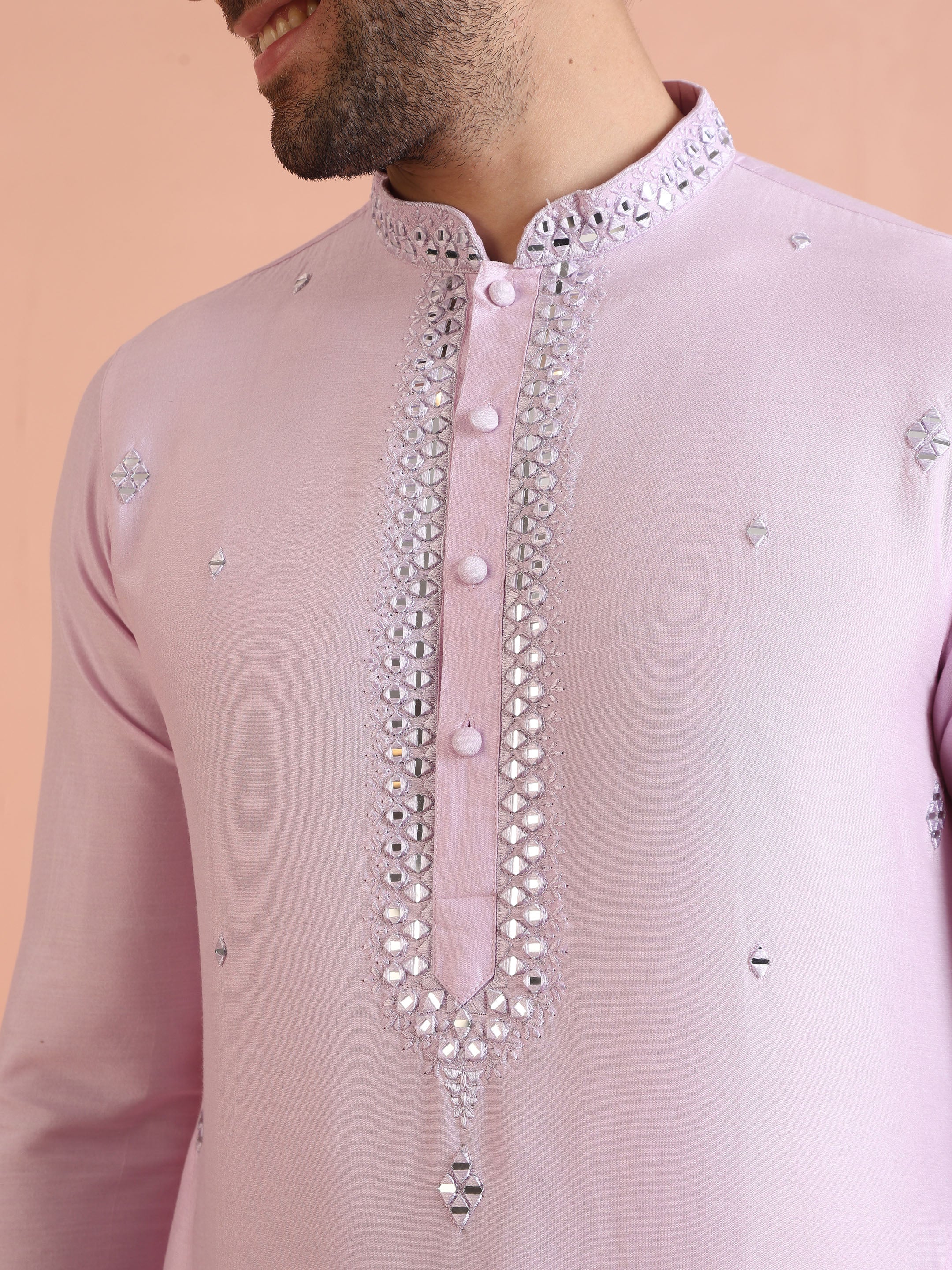 Light Pink Silk Blend Embroidered Kurta with Intricate Neckline - Image 6