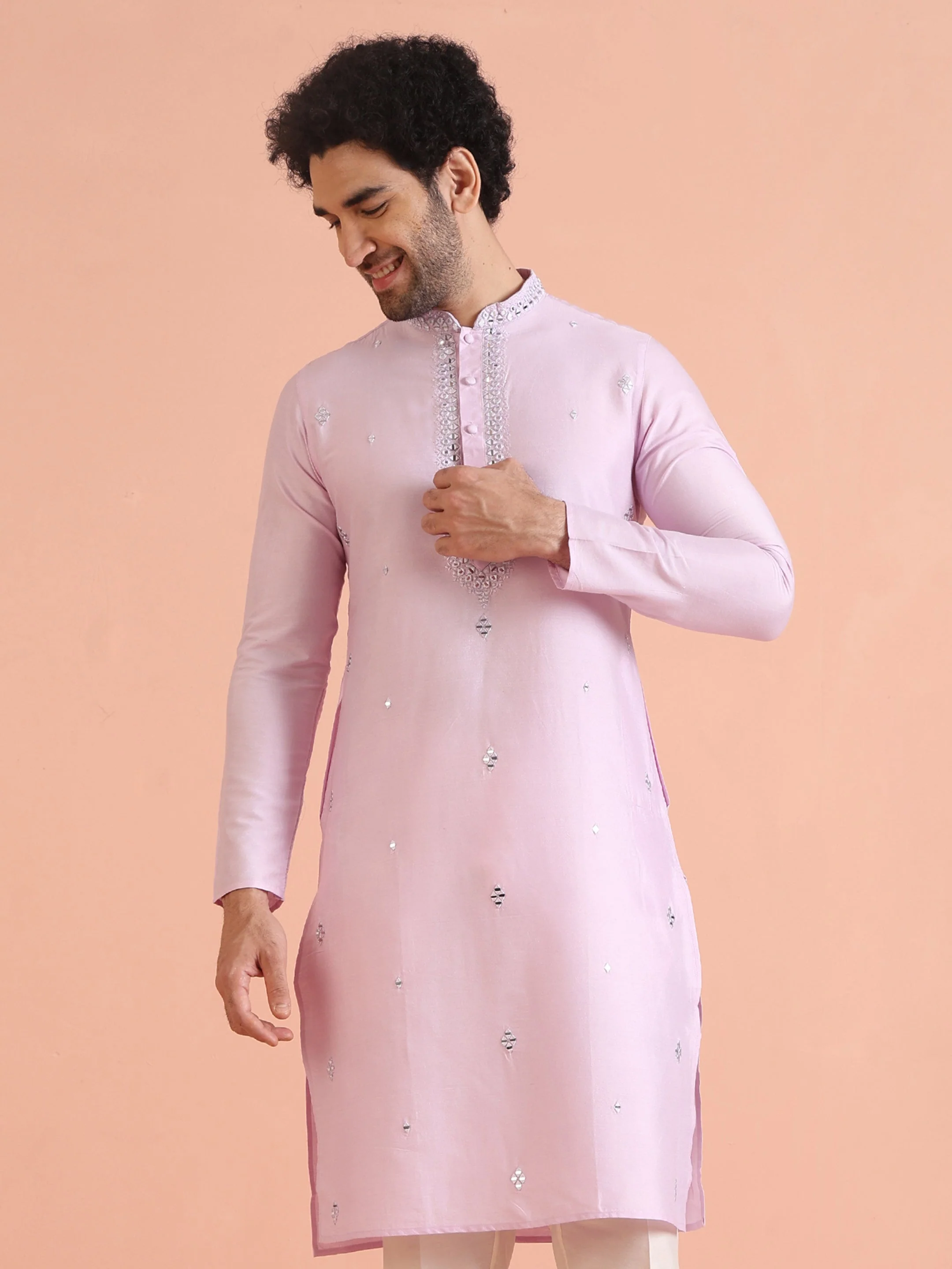 Light Pink Silk Blend Embroidered Kurta with Intricate Neckline - Image 8