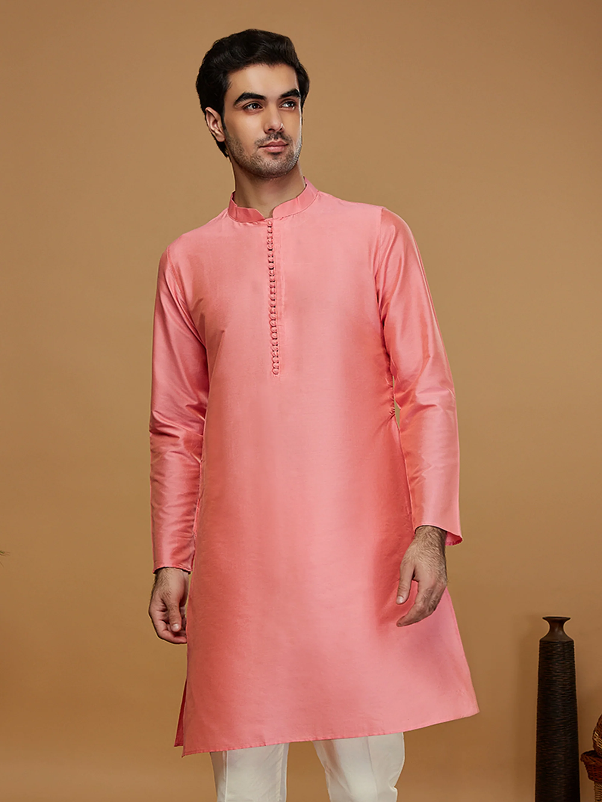 Pink Silk Blend Solid Kurta
