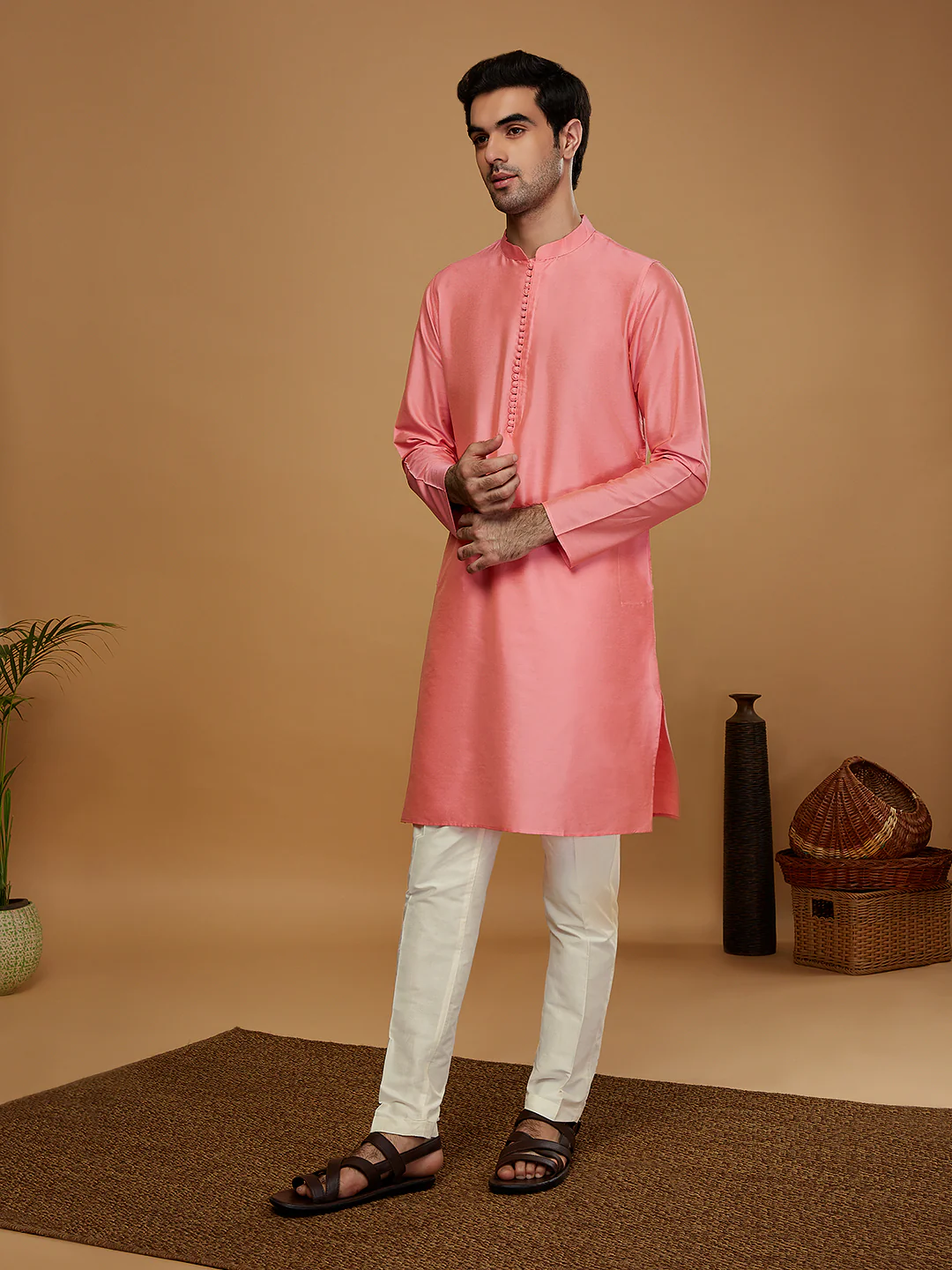 Pink Silk Blend Solid Kurta - Image 3
