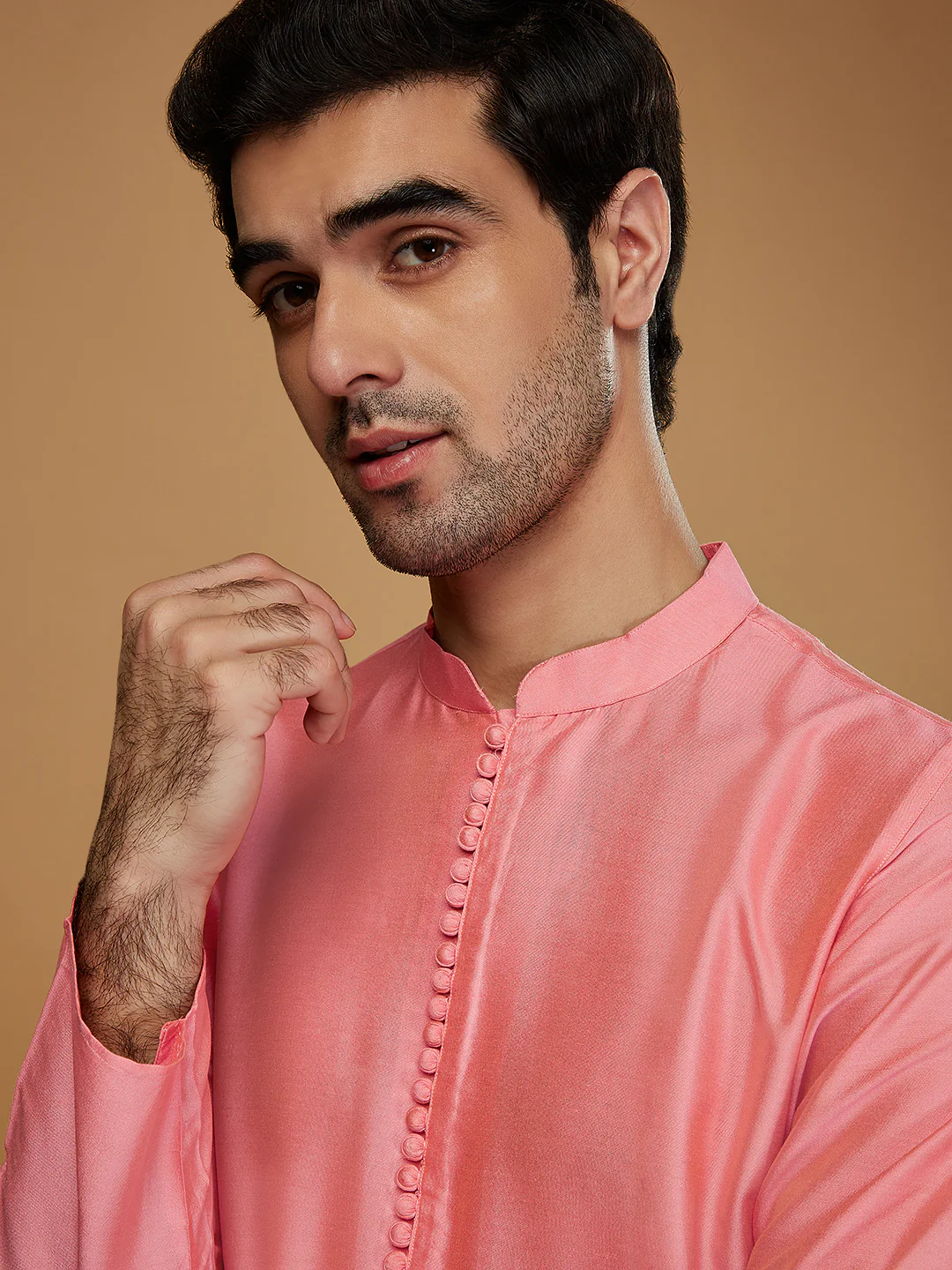 Pink Silk Blend Solid Kurta - Image 5