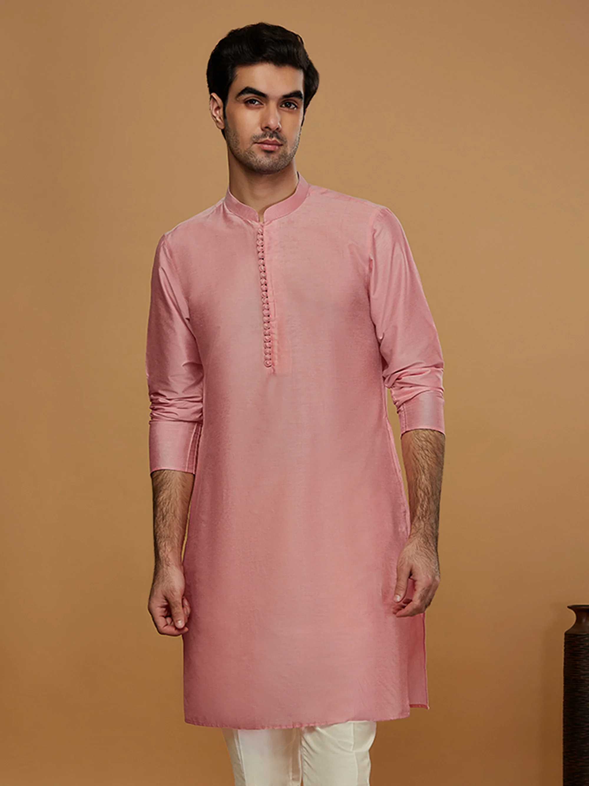 Pink Cotton Silk Solid Mid Kurta