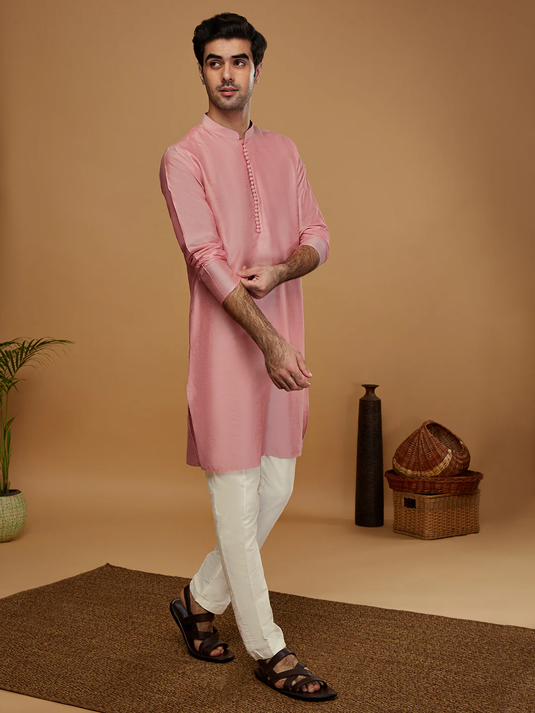Pink Cotton Silk Solid Mid Kurta - Image 2