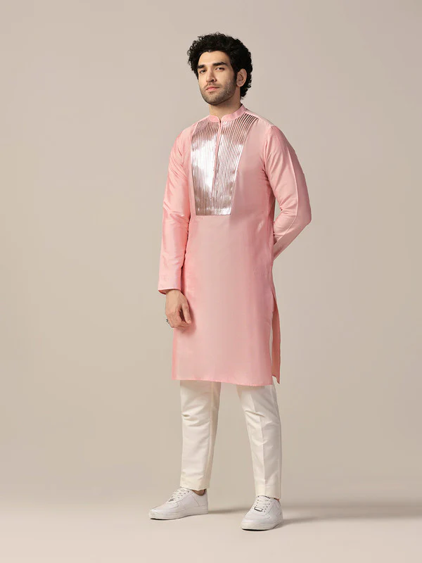 Baby Pink Satin Metallic Panel Kurta - Image 3