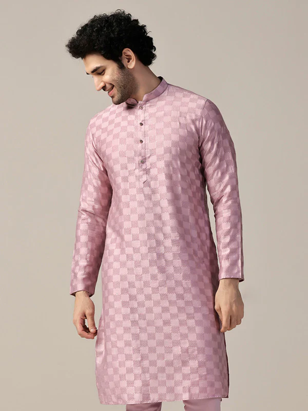 Pink Silk Textured Check Long Kurta
