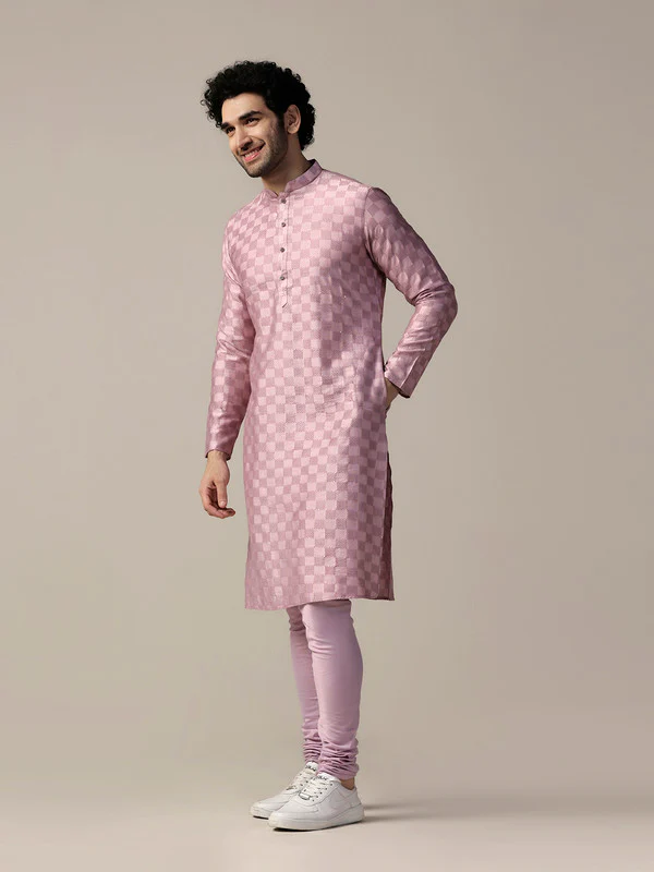 Pink Silk Textured Check Long Kurta - Image 3