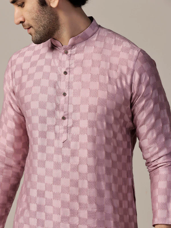 Pink Silk Textured Check Long Kurta - Image 5