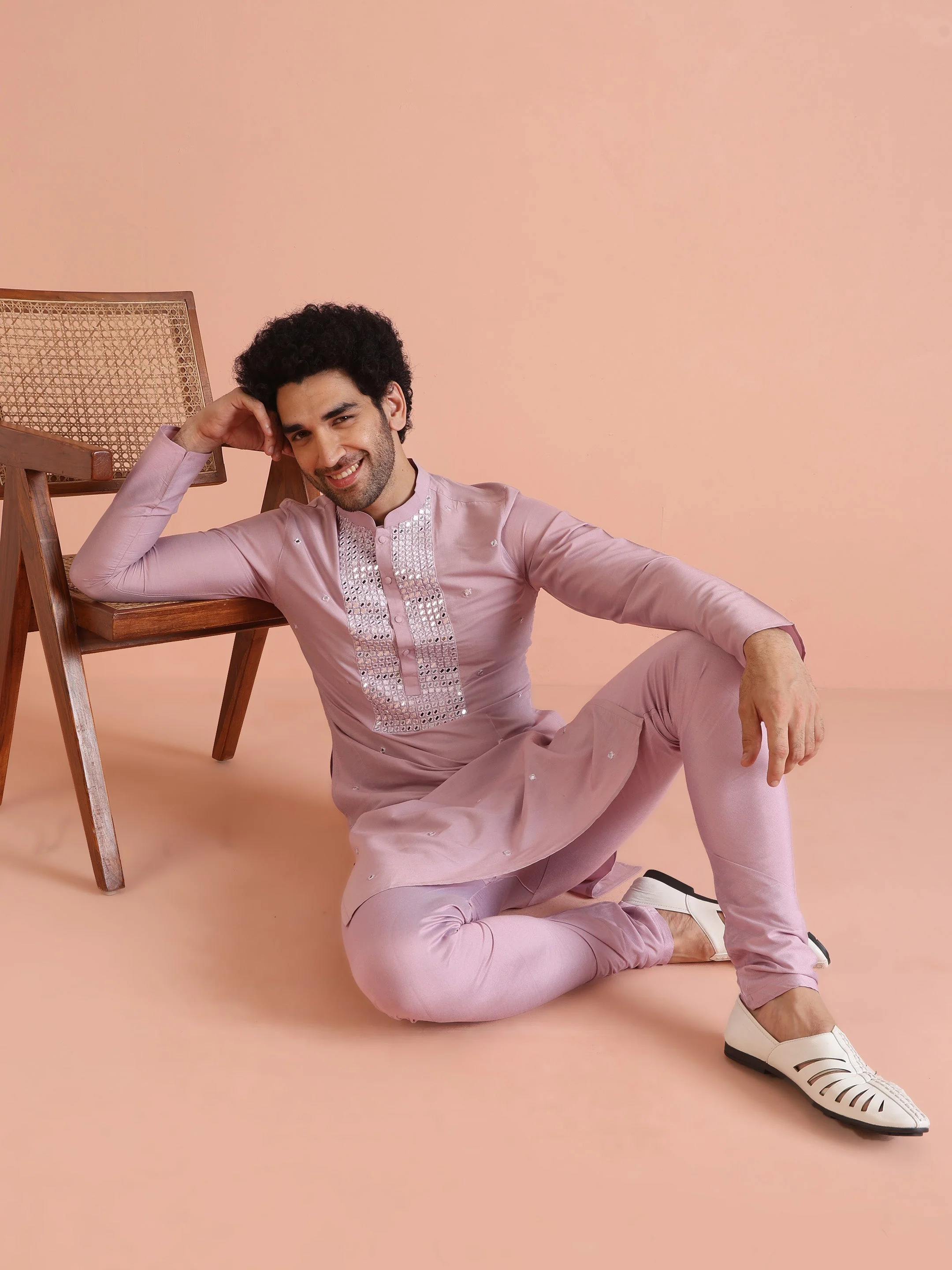 Pink Silk Blend Embroidered Long Kurta - Image 18