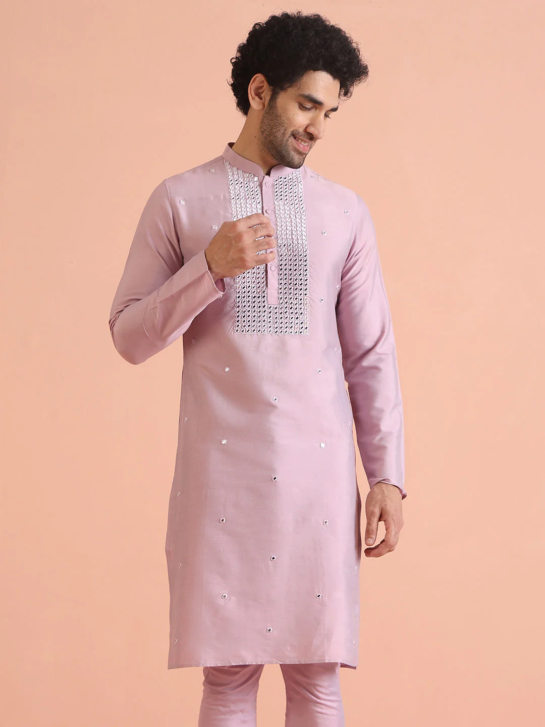 Pink Silk Blend Embroidered Long Kurta - Image 7