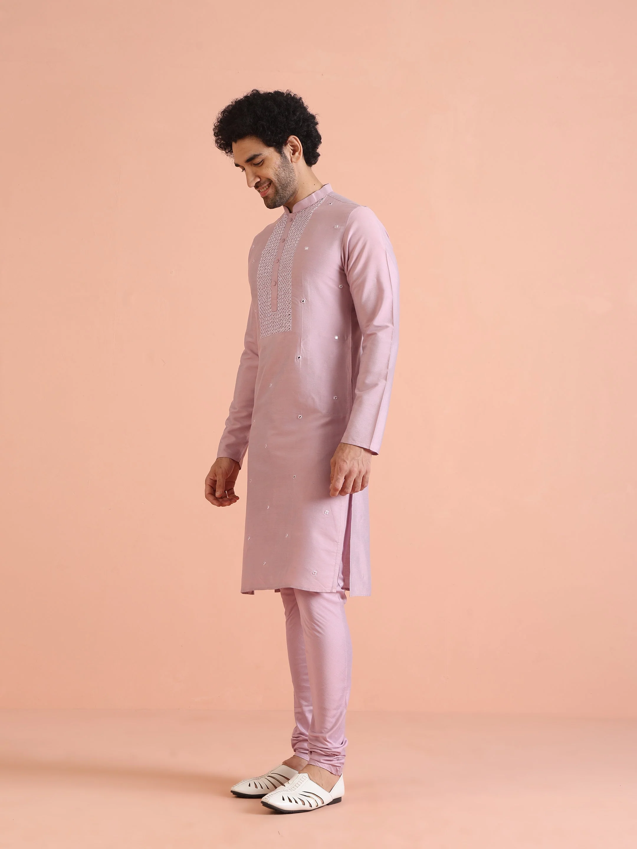 Pink Silk Blend Embroidered Long Kurta - Image 8