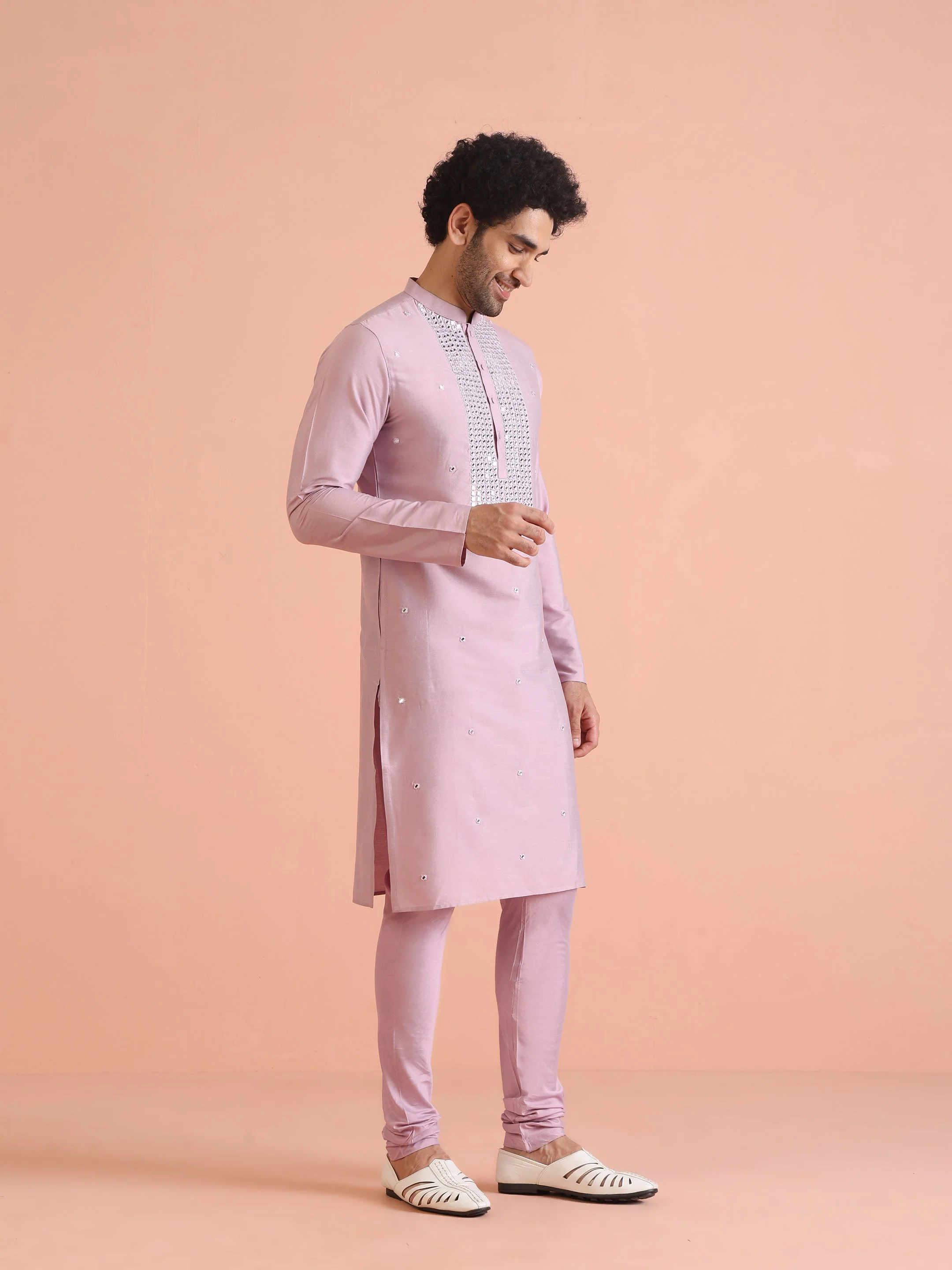 Pink Silk Blend Embroidered Long Kurta - Image 9