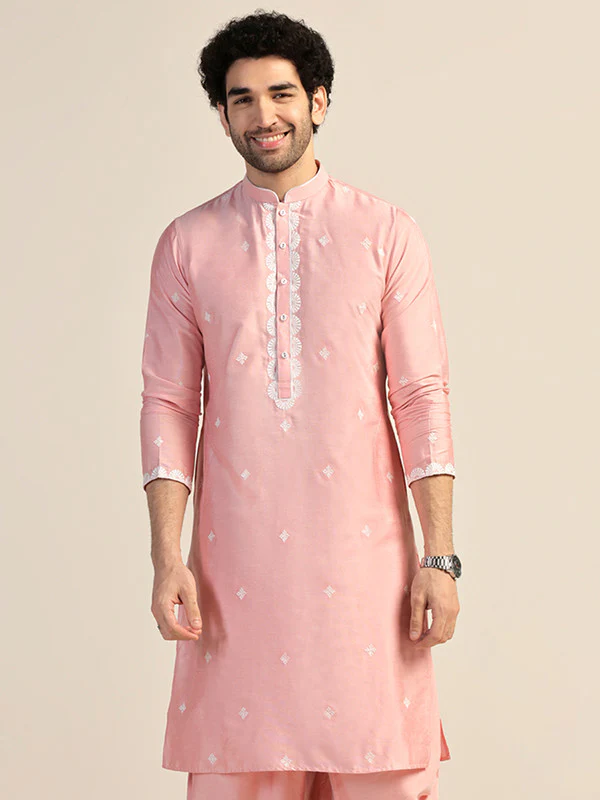 Baby Pink Silk Blend Embroidered Kurta