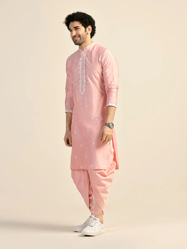 Baby Pink Silk Blend Embroidered Kurta - Image 3