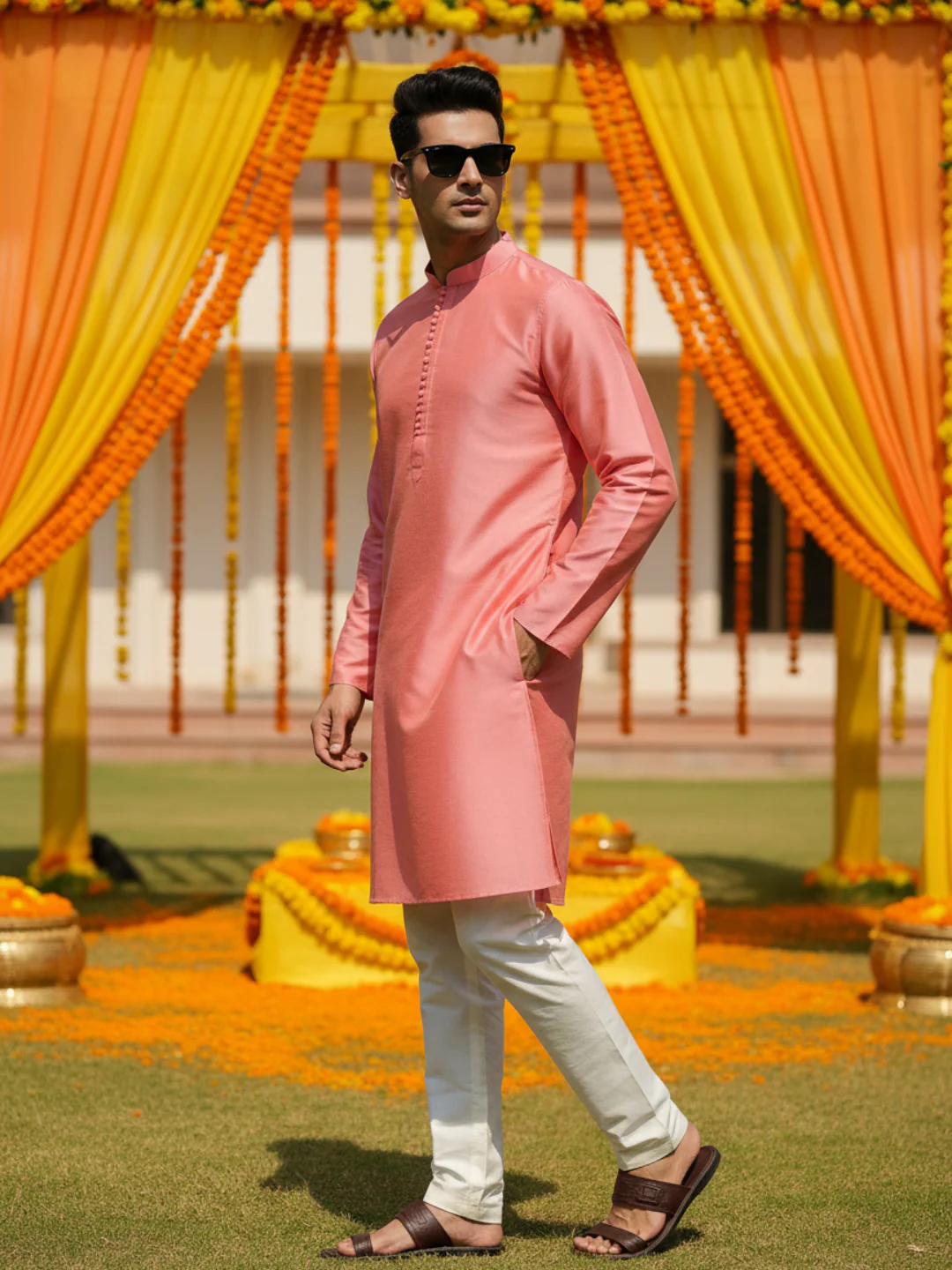 Pink Silk Blend Solid Kurta with Cream Trouser - Image 9