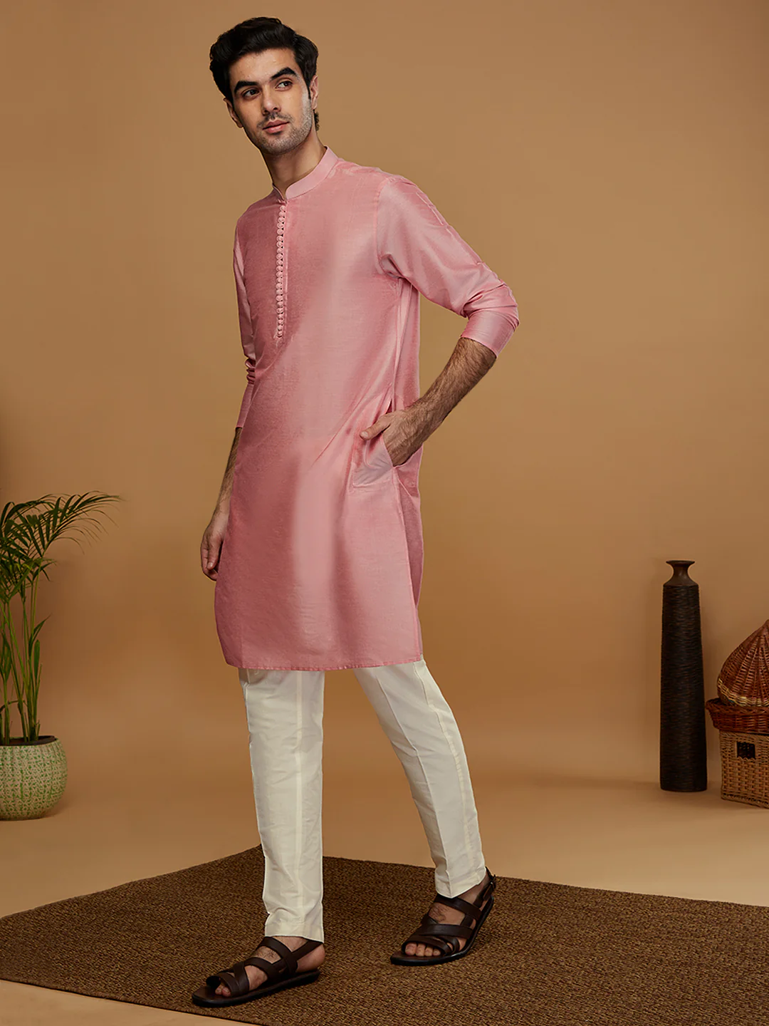 Pink Silk Blend Kurta Set with White Trouser â€“ Elegant Festive & Wedding Outfit - Image 3