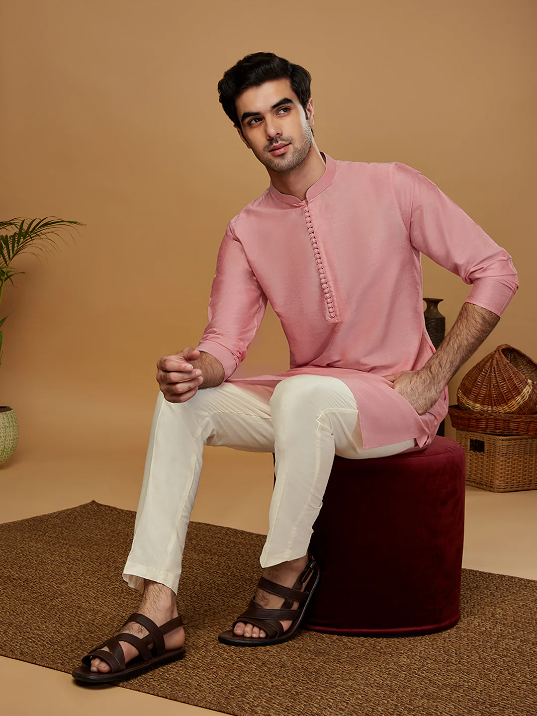 Pink Silk Blend Kurta Set with White Trouser â€“ Elegant Festive & Wedding Outfit - Image 7