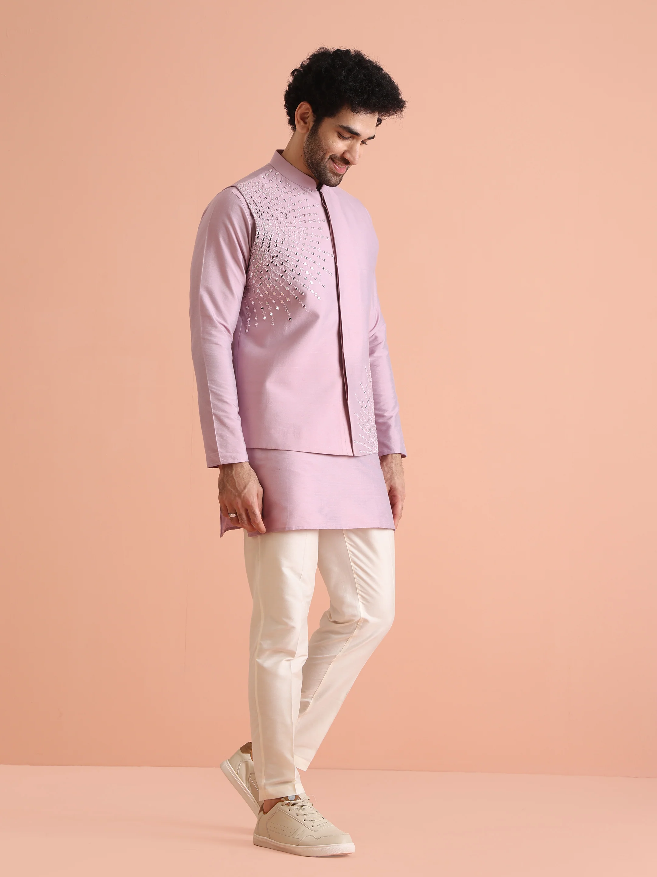 Pink Mirror Work Nehru Jacket - Image 3
