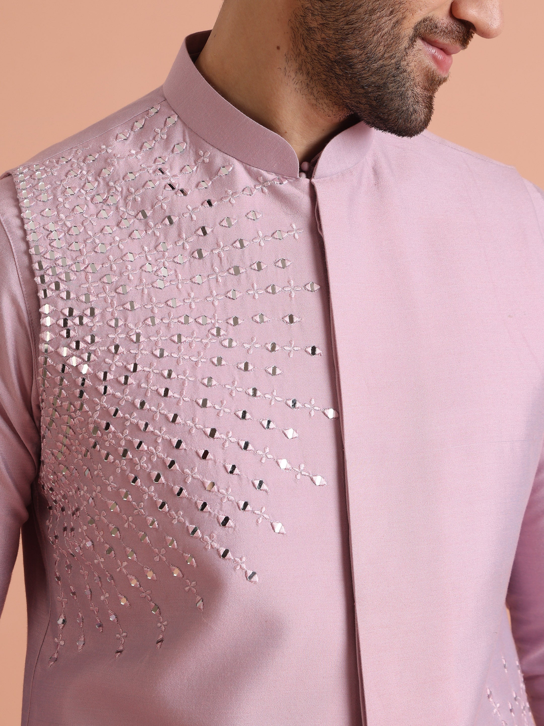 Pink Mirror Work Nehru Jacket - Image 5