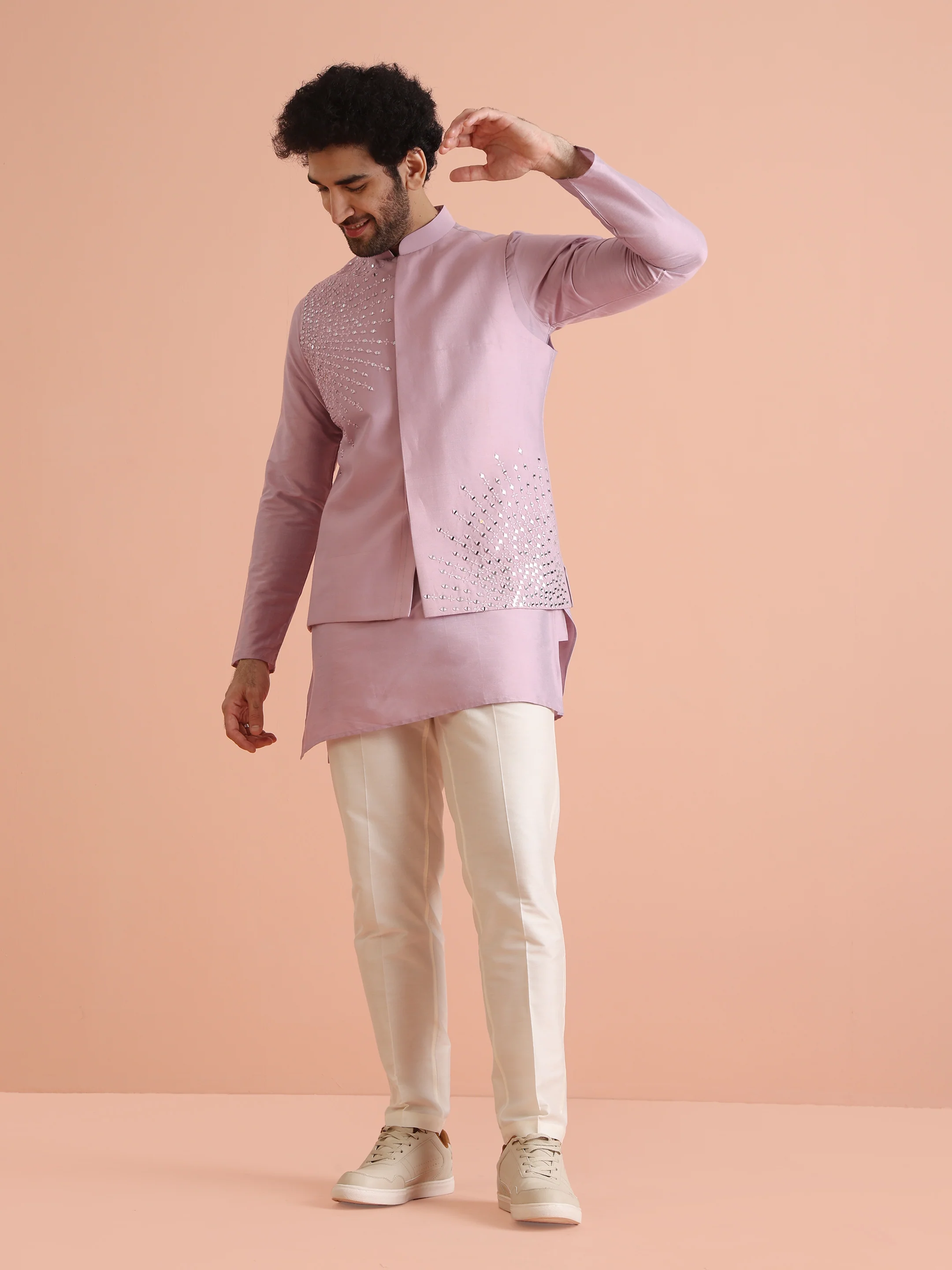 Pink Mirror Work Nehru Jacket - Image 7
