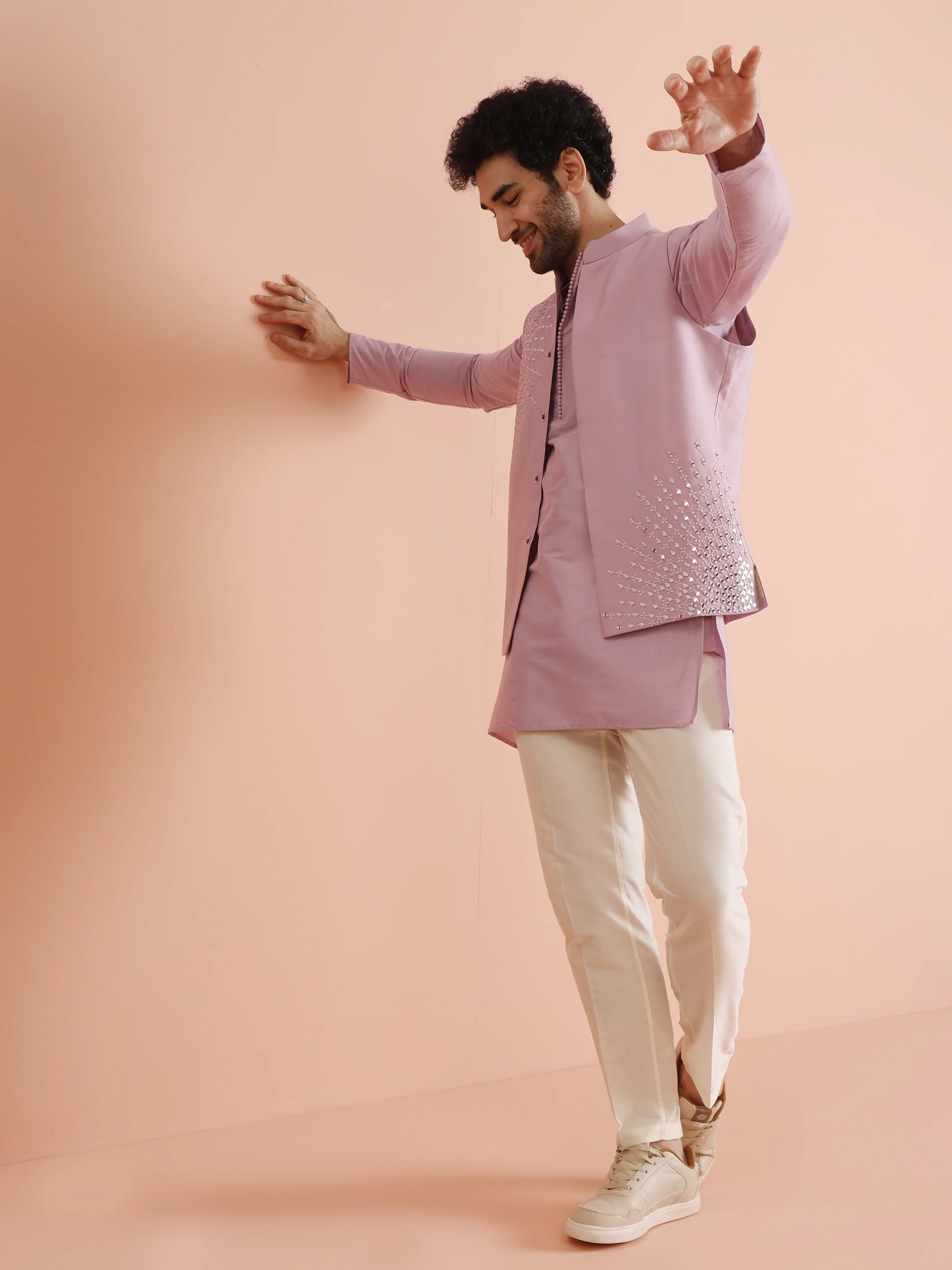 Pink Mirror Work Nehru Jacket - Image 8