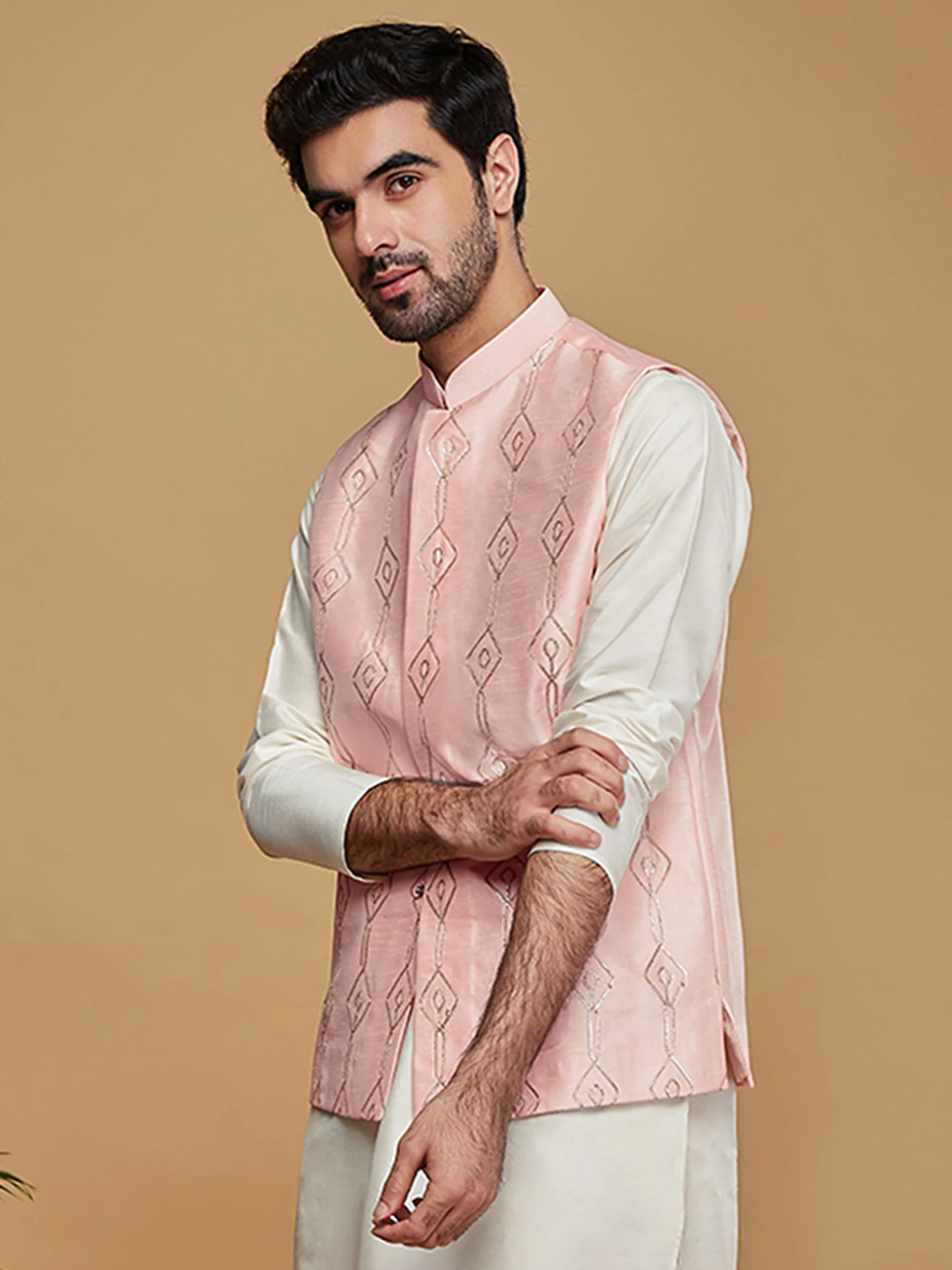 Pastel Pink Thread Embroidered Nehru Jacket - Image 3