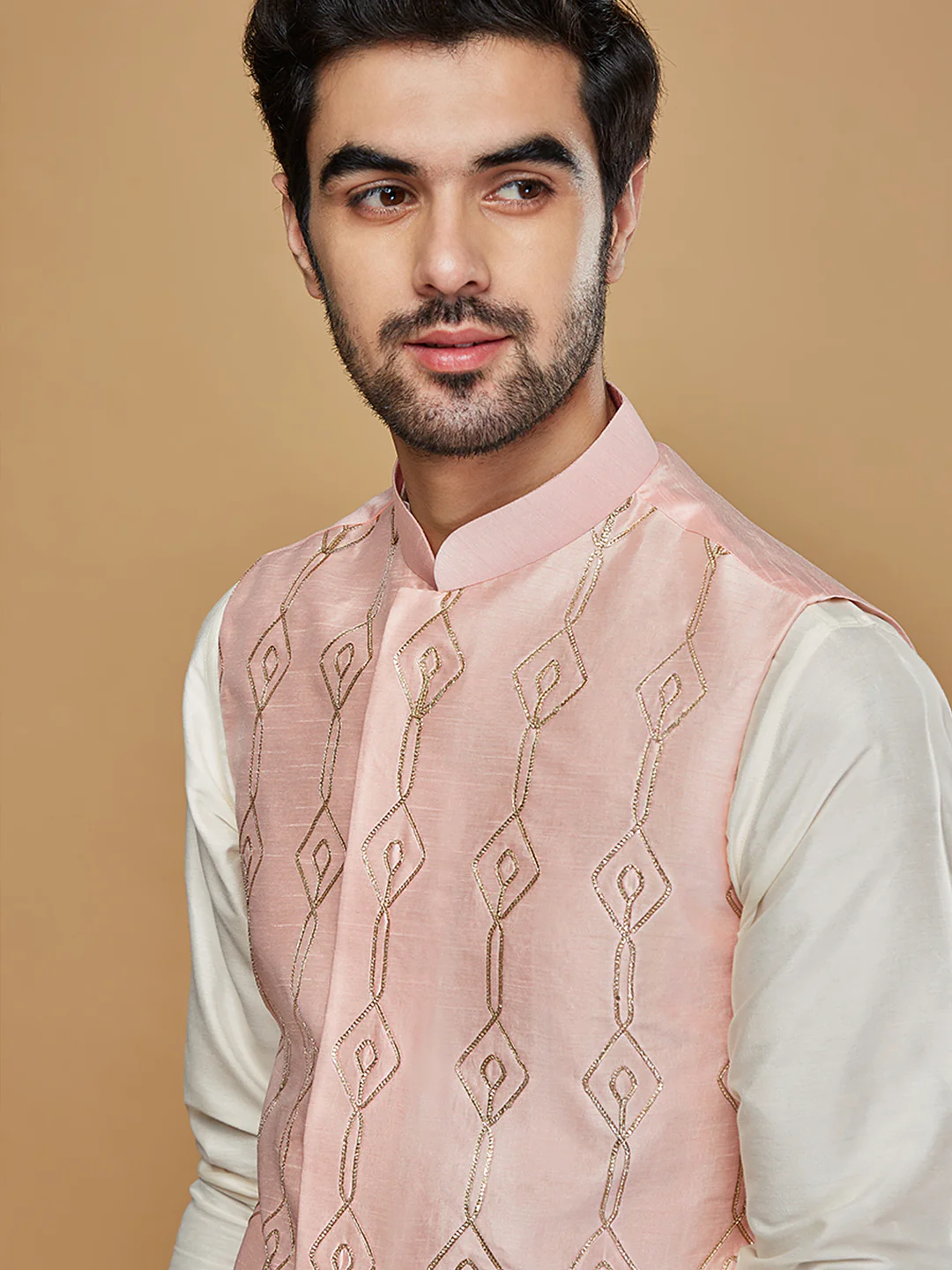 Pastel Pink Thread Embroidered Nehru Jacket - Image 5