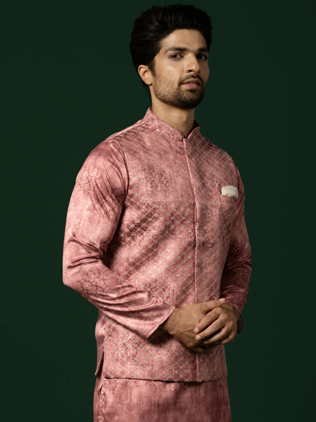 Dusty Rose Silk Blend Jacquard Nehru Jacket - Image 2