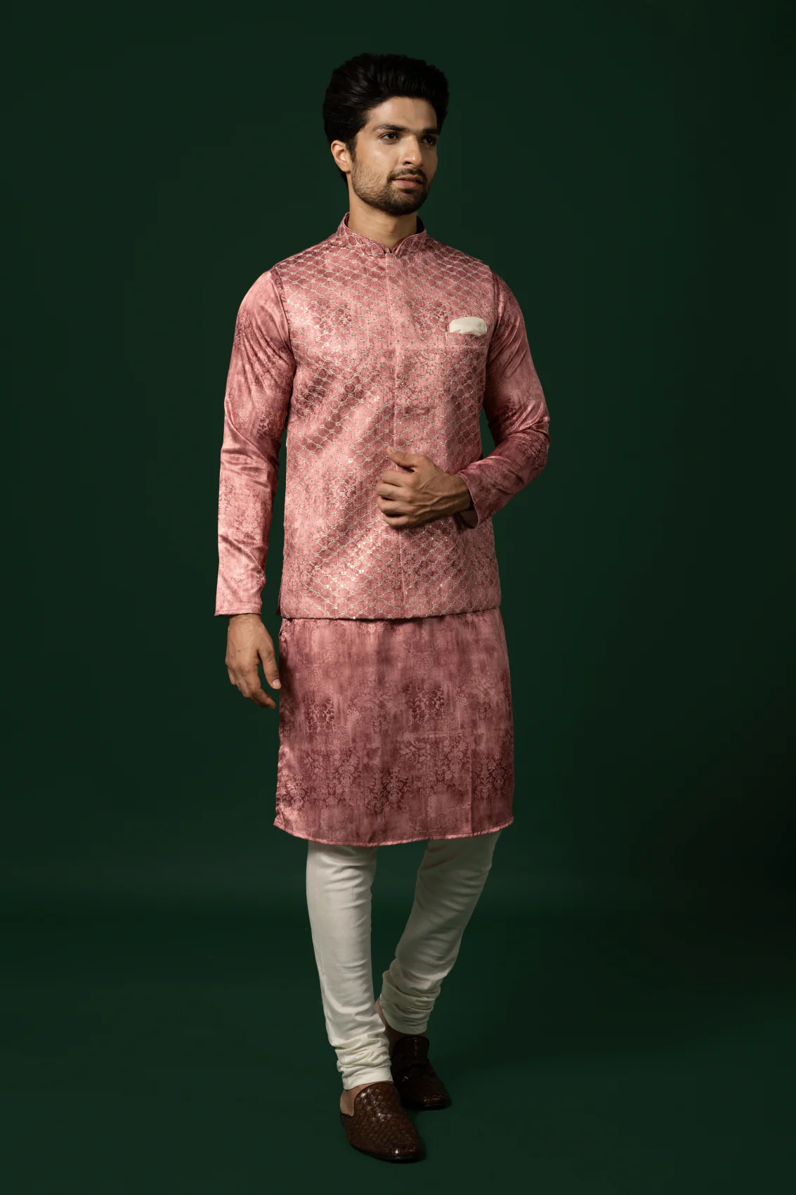 Dusty Rose Silk Blend Jacquard Nehru Jacket - Image 6