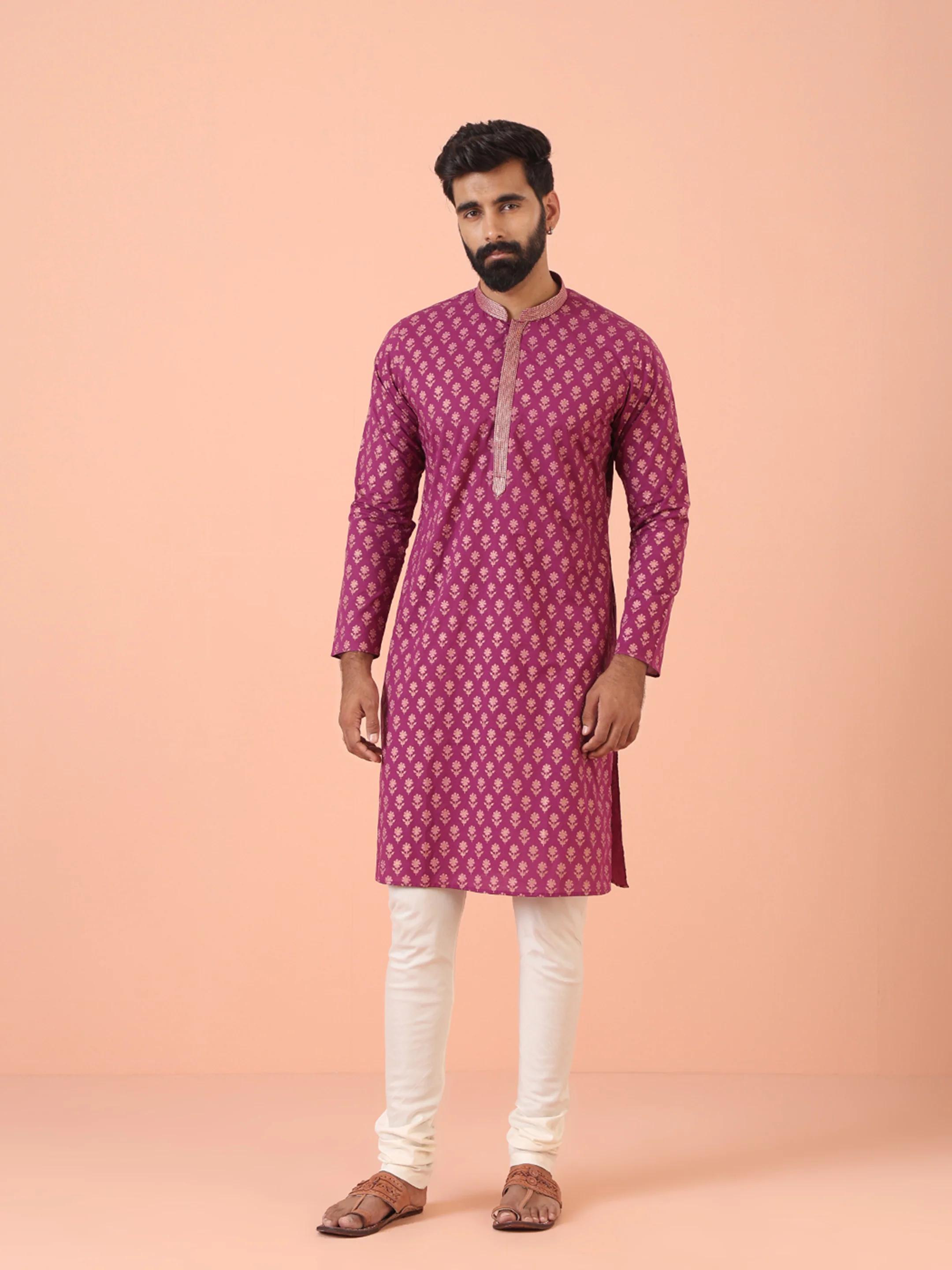 Men Pink Printed Kurta Churidar Set