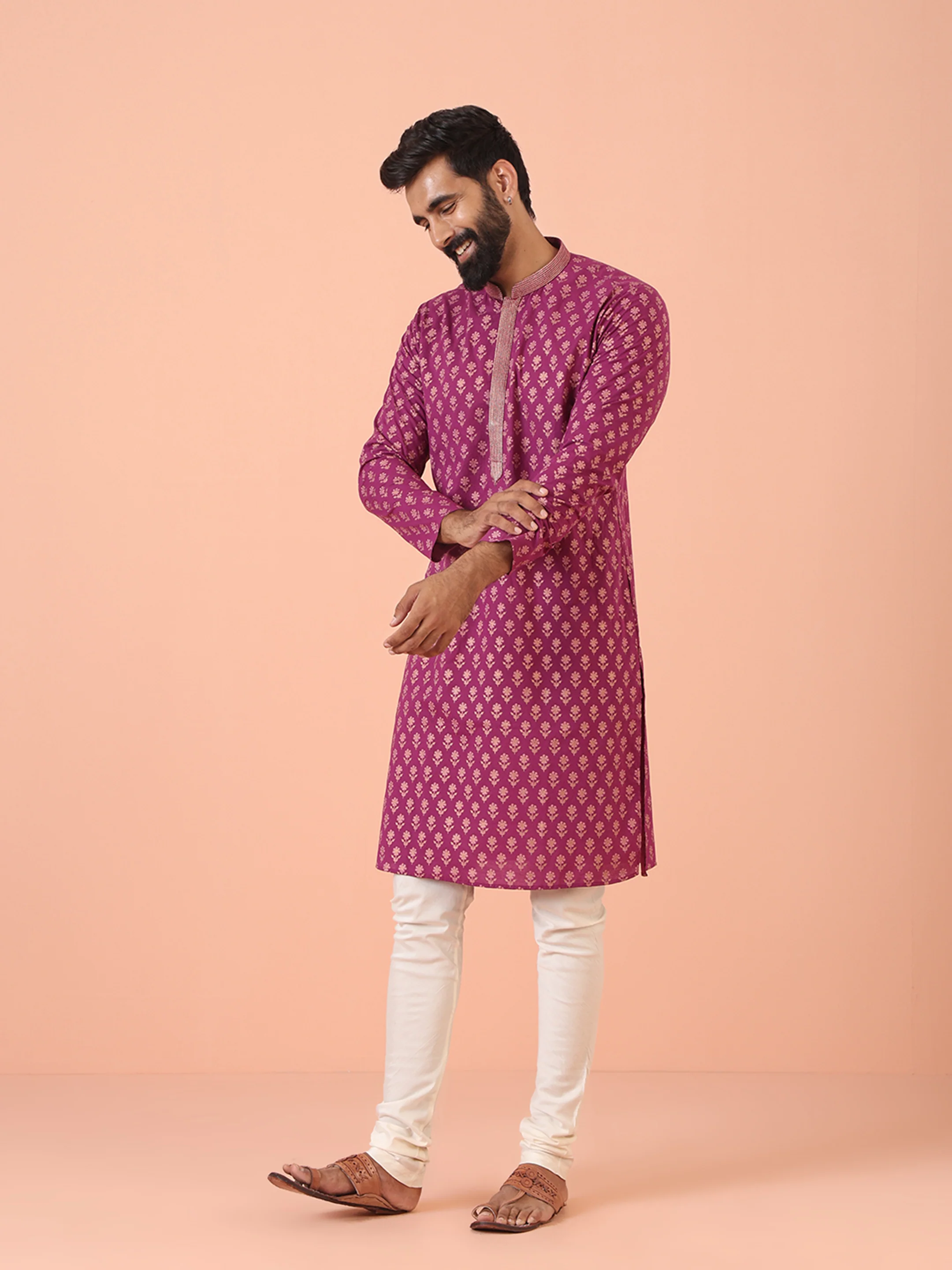Men Pink Printed Kurta Churidar Set - Image 3