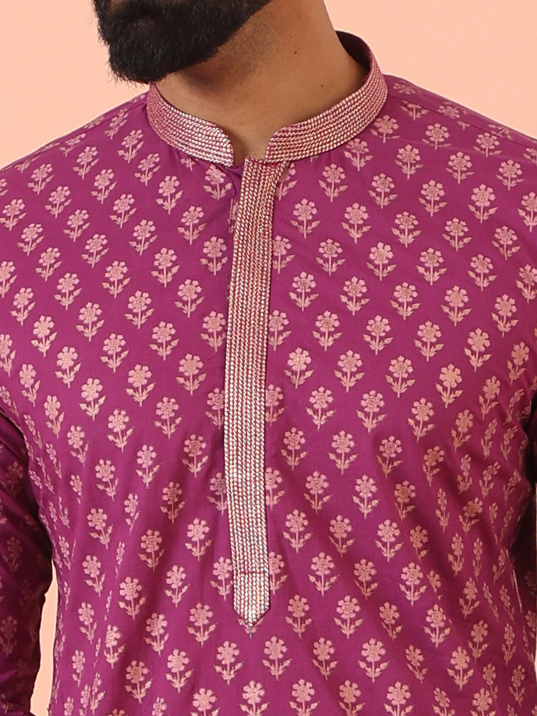 Men Pink Printed Kurta Churidar Set - Image 5